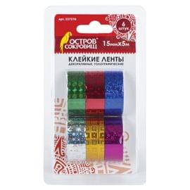 Клейкие ленты 15мм х 5м декоративные голографические ОСТРОВ СОКРОВИЩ, КОМПЛЕКТ 6шт, ассорти2, 227276 227276