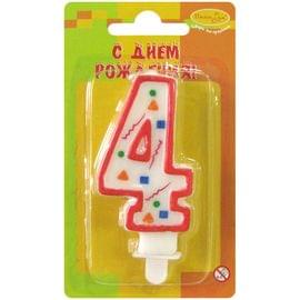 Свеча для торта с держателем ПатиБум "Цифра 4. Красное конфетти", 8см 4607145438581