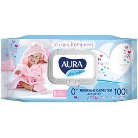 Салфетки влажные Aura "Ultra comfort", 100шт., детские, с алоэ, очищающие, без спирта, клапан 4600999011894