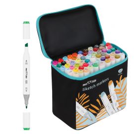 Набор двусторонних маркеров для скетчинга MESHU 60цв., основные цвета, корпус трехгранный, пулевид./клиновид.наконечники, текстильный чехол на молнии MS_53431