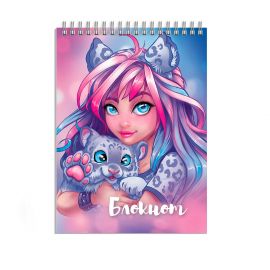 Блокнот, А7, 40 л, арт. 62955 ДЕВУШКА С БАРСОМ / Блок - белый офсет 60 г/м², клетка, гребень по короткой стороне, УФ-лак выборочный с глиттером, 62955