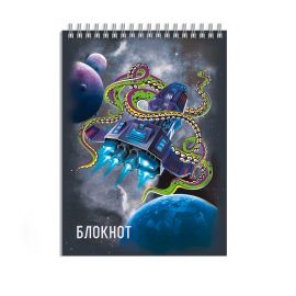 Блокнот, А7, 40 л, арт. 64397 КОСМОС / Блок - белый офсет 65 г/м², клетка, гребень по короткой стороне, УФ-лак сплошной, 64397