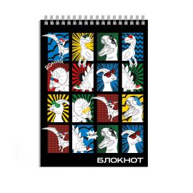 Блокнот, А7, 40 л, арт. 64398 ДИНО-КОМИКС / Блок - белый офсет 65 г/м², клетка, гребень по короткой стороне, УФ-лак сплошной, 64398