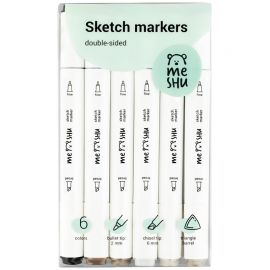 Набор двусторонних маркеров для скетчинга MESHU 06цв., теплые серые цвета, корпус трехгранный, пулевид./клиновид.наконечники, ПВХ-бокс MS_38248