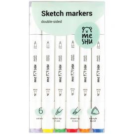 Набор двусторонних маркеров для скетчинга MESHU 06цв., основные цвета, корпус трехгранный, пулевид./клиновид.наконечники, ПВХ-бокс MS_38249