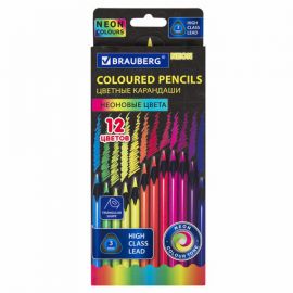 Карандаши цветные BRAUBERG NEON, 12 неоновых цветов, черное дерево, трёхгранные, 181852 181852