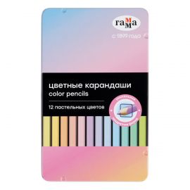 Карандаши цветные Гамма, 12цв., квадратные, пастельн., заточен., метал. пенал 160720211