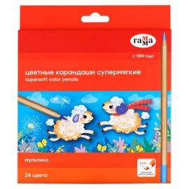 Карандаши цветные Гамма "Мультики", 24цв., супермягкие, увелич. диаметр грифеля 4,0мм, заточен., картон. упак., европодвес 80220218
