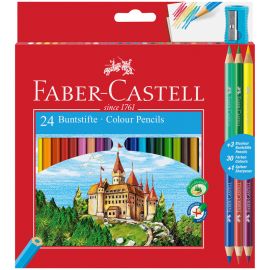 Карандаши цветные Faber-Castell "Замок", 24цв., шестигр., заточ.+6цв.+точилка, картон, европодвес 110324