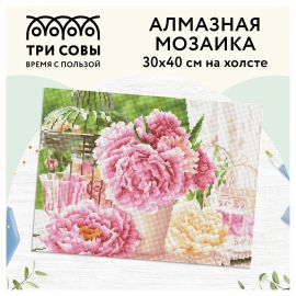 Алмазная мозаика ТРИ СОВЫ "Розовые пионы", 30*40см, холст, картонная коробка с пластиковой ручкой АМ3040_47524