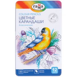 Карандаши цветные Гамма "Классические", 12цв., увелич. диаметр грифеля 3,3мм, заточен., метал. пенал 80220212