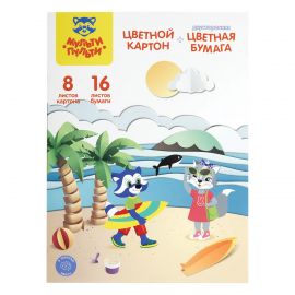 Набор А4 цв. немел. картона, 8л., 8цв. и цв. двустор. газет. бумаги, 16л., 16цв., Мульти-Пульти "Енот в России", на склейке БК16-8_38370