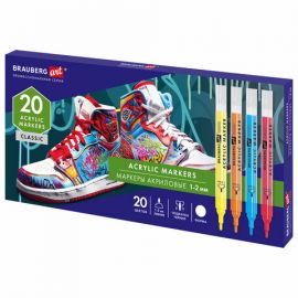 Маркеры акриловые для рисования и хобби, 20 ярких цветов, линия 1-2мм, BRAUBERG ART CLASSIC, 152524 152524