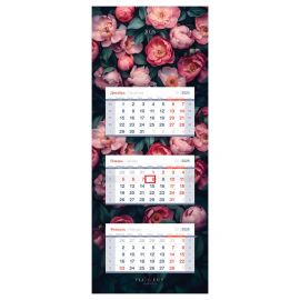 Календарь квартальный 3 бл. на склейке, 340*840 мм BG Люкс прямой "Роскошь цветов", с бегунком, 2026г. 380980