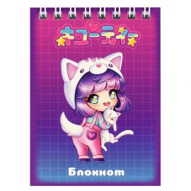 Блокнот, А7, 40 л, арт. 68172 ЧИБИ С КОТОМ  / Блок - белый офсет 65 г/м², клетка, гребень по короткой стороне, УФ-лак сплошной, 68172