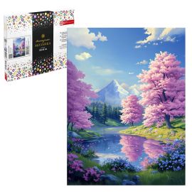 Алмазная  мозаика (набор для творчества) арт. 71411 / 25 САКУРА У ОЗЕРА, размер: 30*40 см, (29 цветов страз, холст на подрамнике с напечатанной картиной, покрытый клеевым слоем и защитной пленкой, пак 71411