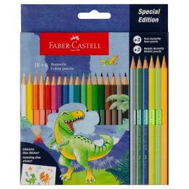 Карандаши цветные Faber-Castell "Dinosaur", 18 цв. + 3 цв. металл. + 3 цв. неон. + наклейки, заточен., картон, европодвес 111222
