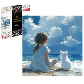 Алмазная  мозаика (набор для творчества) арт. 71393 / 25 ДЕВОЧКА С КОТЕНКОМ НА МОРЕ, размер: 30*30 см, (22 цветов страз, холст на подрамнике с напечатанной картиной, покрытый клеевым слоем и защитной пленкой, пакеты со стразами, стилус, лоток для стр 71393