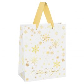 Пакет подарочный 26*32*12см MESHU "Gold snowflake", фольга, матовая ламинация MS_66171