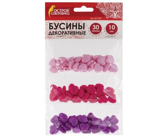 Бусины для творчества СЕРДЦЕ, 10мм, 30г., св.розовые, розовые, фиолетвые, ОСТРОВ СОКРОВИЩ, 661240 661240