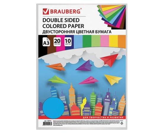 Цветная бумага А3 ТОНИРОВАННАЯ В МАССЕ, 20 листов, 10 цветов, 80г/м2, BRAUBERG, 124713 124713