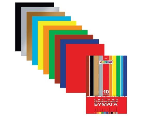 Цветная бумага А4 мелованная САМОКЛЕЯЩАЯСЯ, 10л. 10цв, папка, HATBER Creative 194х280мм,10Бц4с_05934 126920