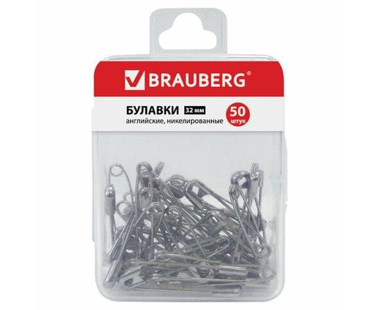Булавки английские BRAUBERG 32 мм никелированные, 50 шт., в пласт. коробке с европодвесом, 223970 223970