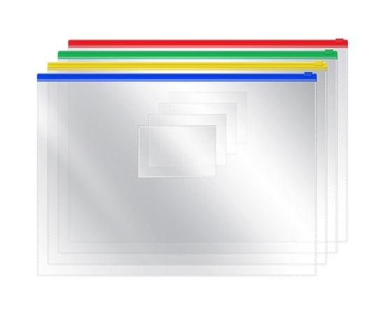 Папка-конверт на zip-молнии OfficeSpace А4, ПВХ, 120мкм, прозрачная, цветная молния, карман, ассорти ZB4_1778