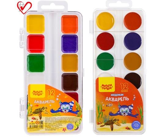 Акварель Мульти-Пульти "Енот в Красном море", медовая, 12 цветов, без кисти, пластик, европодвес АП_10705