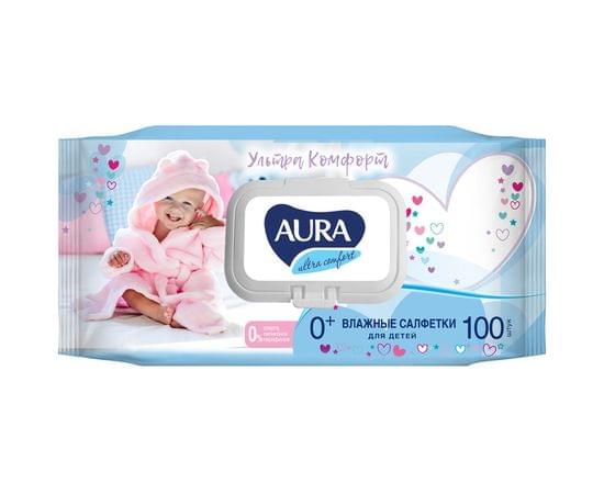 Салфетки влажные Aura "Ultra comfort", 100шт., детские, с алоэ, очищающие, без спирта, клапан 4600999011894
