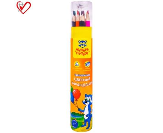 Карандаши цветные Мульти-Пульти "Енот на прогулке", 12цв., трехгранные, заточен., тубус, с точилкой CP_14751