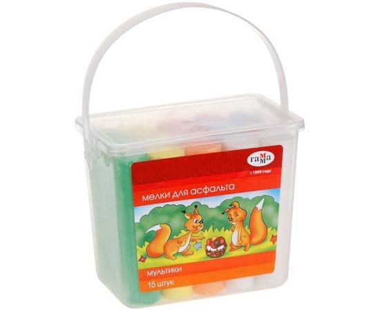 Мелки для асфальта Гамма "Мультики", цветные, 15шт., 6цв., круглые, пластиковое ведро 1704193