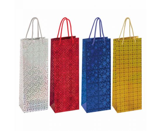 Пакет подарочный для бутылки 13x8,5x36 см, ЗОЛОТАЯ СКАЗКА голография, ассорти 4 цвета, 606608 606608