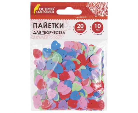 Пайетки для творчества "Сердце", цвет пастель ассорти, 10 мм, 20 грамм, ОСТРОВ СОКРОВИЩ, 661276 661276