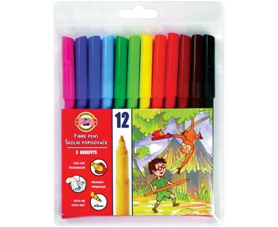 Фломастеры Koh-I-Noor "Звери", 12цв., трехгранные, смываемые, ПВХ, европодвес 771002AB04TERU