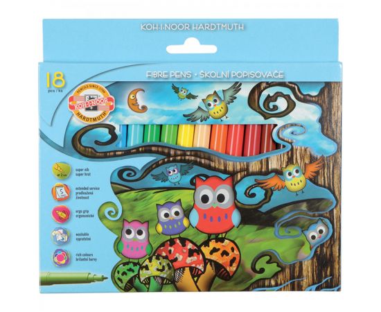 Фломастеры Koh-I-Noor "Owls", 18цв., трехгранные, смываемые, картон, европодвес 771012AH02KS
