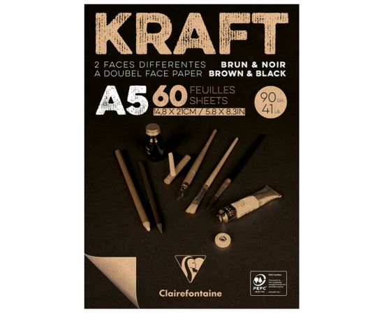 Скетчбук - блокнот 60л. А5 на склейке Clairefontaine "Kraft", 90г/м2,верже,черный/крафт 975817C