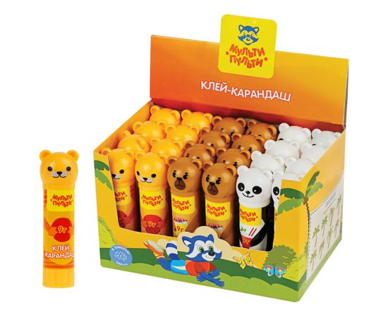 Клей-карандаш Мульти-Пульти "Зверята: Кот, Мишка, Панда", 09г, колпачок в форме животного, ПВП GS_33742