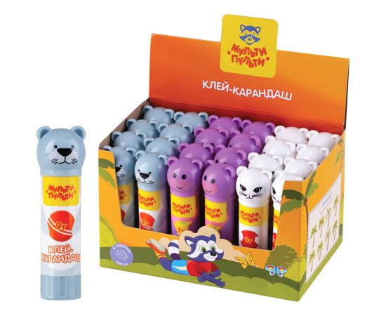 Клей-карандаш Мульти-Пульти "Зверята: Морской котик, Бегемот, Кошка ", 09г, колпачок в форме животного, ПВП GS_82995