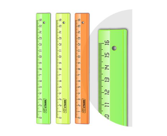 Линейка 16см СТАММ, пластиковая, прозрачная, неоновые цвета, ассорти ЛН02
