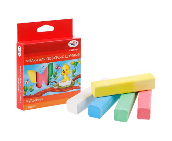 Мелки для асфальта Гамма "Мультики", цветные, 5шт., 5цв., квадратные, картонная упаковка, европодвес 2304191