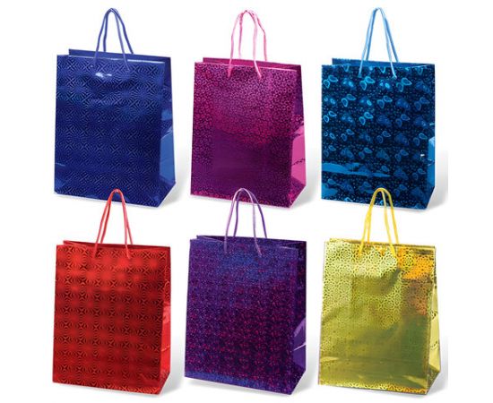 Пакет подарочный ламинированный, 18х23х10 см, голографический цвет ассорти, шк7707 601005