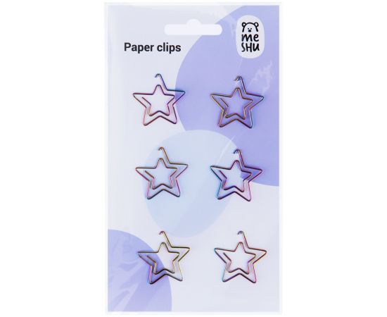 Скрепки фигурные 25мм, Meshu "Stars", 6шт., пакет с европодвесом MS_41585