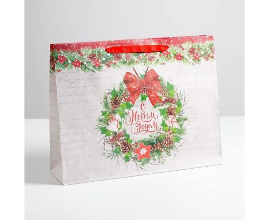 Пакет крафтовый горизонтальный «Спешу поздравить с Новым годом», L 40 × 31 × 9 см 4275646