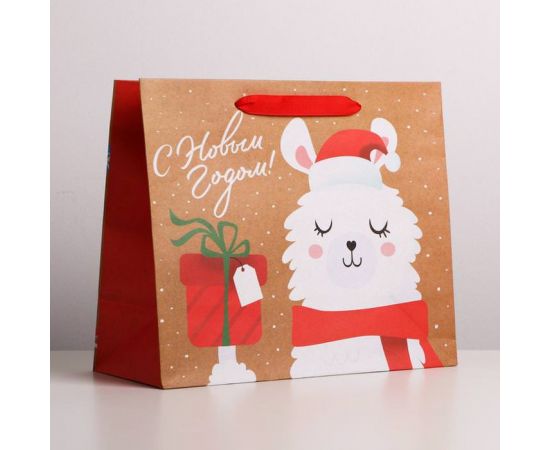 Пакет крафтовый горизонтальный «Лама и подарочки», ML 27 × 23 × 11.5 см   4865464 4865464