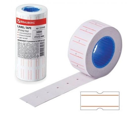 Этикет-лента 21*12мм прямоугольная, белая, КОМПЛЕКТ 5 рулонов по 600 шт., BRAUBERG, 123568 123568 