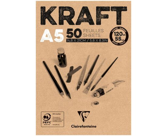Скетчбук - блокнот 50л., А5 Clairefontaine "Kraft", на склейке, верже, крафт, 120г/м2 975814C