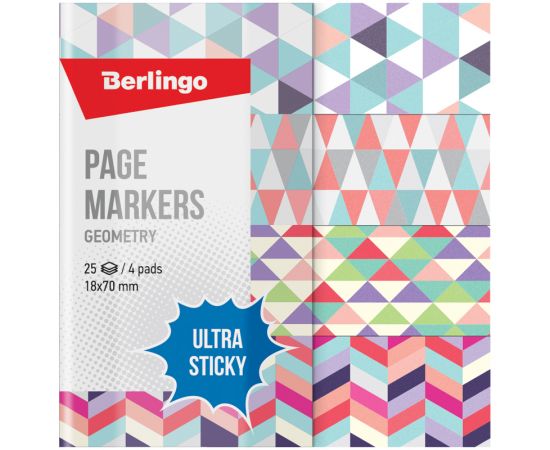 Флажки-закладки Berlingo "Ultra Sticky" "Geometry", 18*70мм, бумажные, в книжке, с дизайном, 25л*4 блока LSz_41131