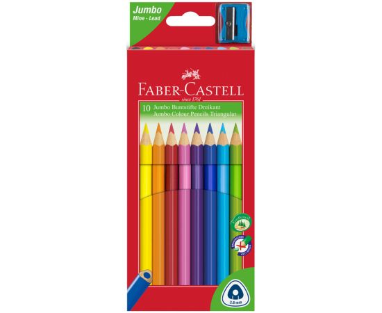Карандаши цветные Faber-Castell "Jumbo" 10цв., трехгран., заточен., картон, европодвес, с точилкой 116510