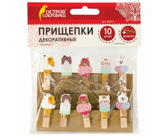 Прищепки декор. "Сладкие истории", 10 штук, 3,5 см, ассорти, со шпагатом, ОСТРОВ СОКРОВИЩ, 662671 662671